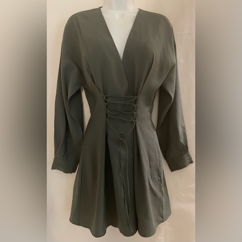 Zara Women's Olive Green Midi Dress Long Sleeve V-Neck Size Small